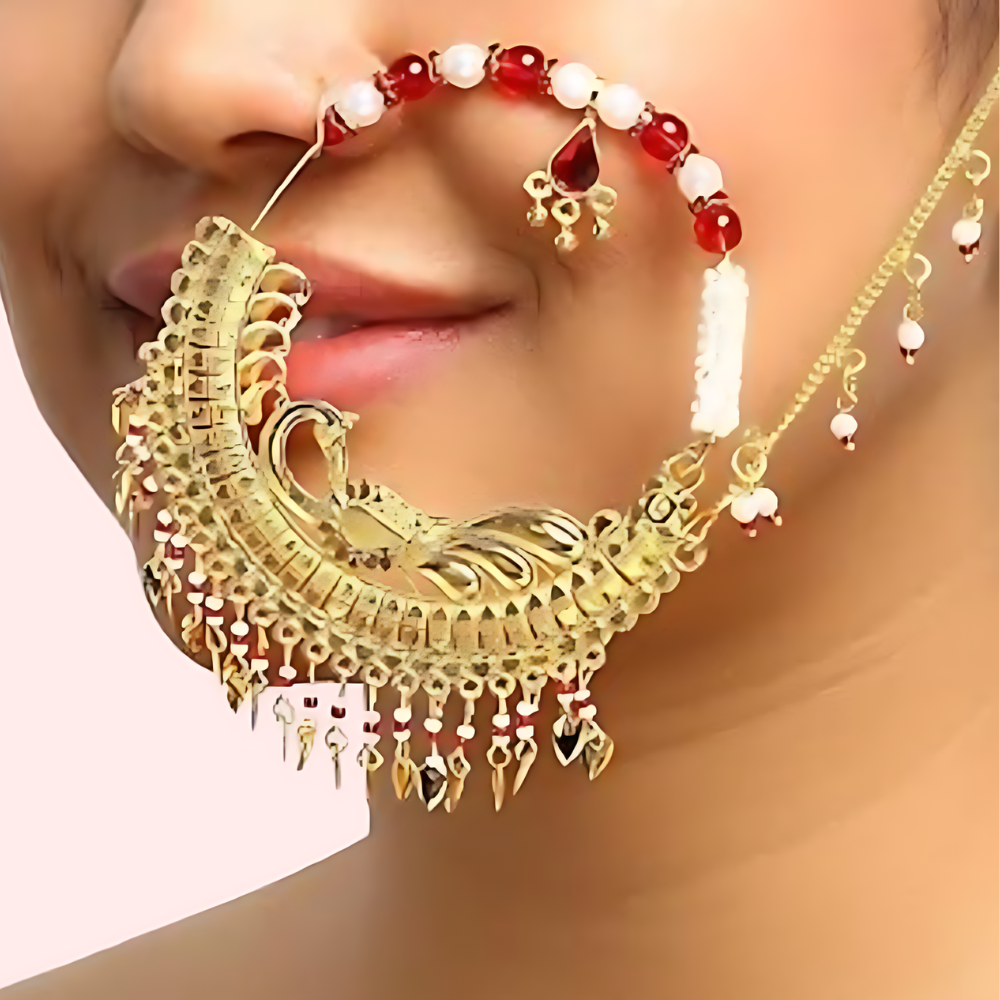 Regal Gold-Plated Bridal Nath with Elegant Chain Snazzyway