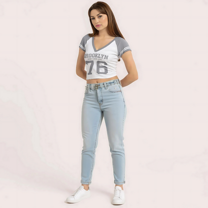 Women's Brooklyn '76 Graphic Crop Top – Sporty V-Neck Tee Snazzyway