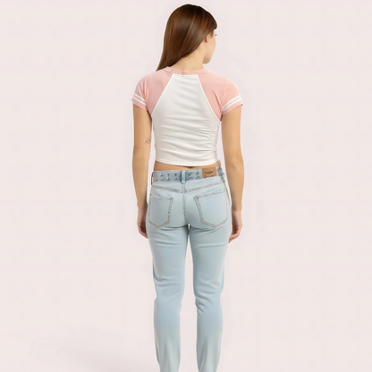 Women's Pink "Brooklyn 76" V-Neck Crop Top – Sporty Graphic Tee Snazzyway