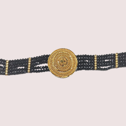 Timeless Grace Black Beaded Necklace with Gold Mandala Pendant