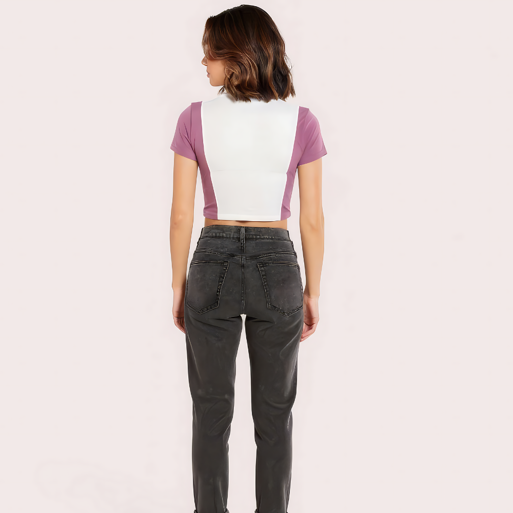 &quot;Campus Vibes&quot; Colorblock Zip Crop Top – Lilac &amp; White